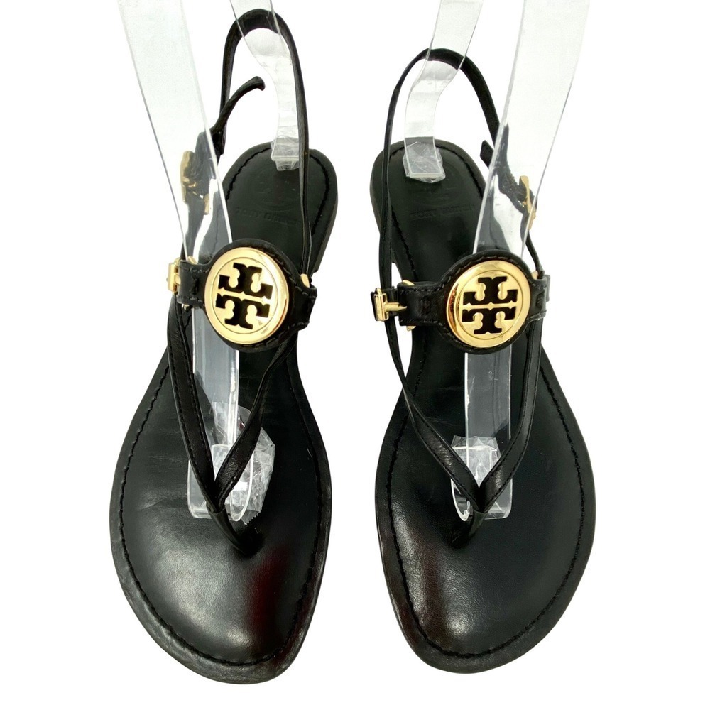 Tory Burch Black Leather Logo Medallion Thong Slingback Sandals Flat Size 9